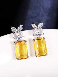 Cubic Zirconia Butterfly Decor Drop Earrings - Yellow - View 5
