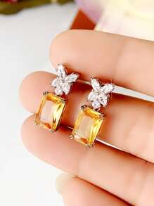 Cubic Zirconia Butterfly Decor Drop Earrings - Yellow - View 8