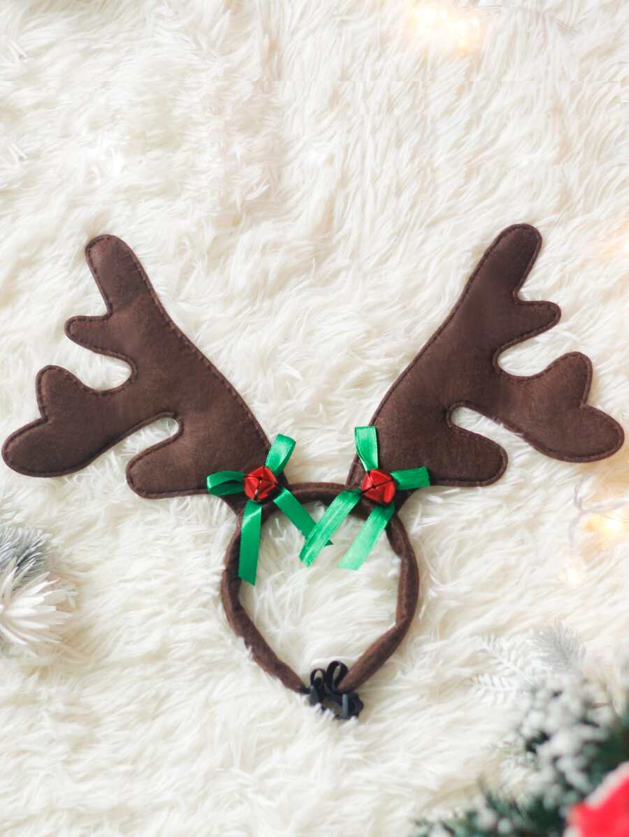 ABLAZE ZAI 1 件短毛絨布料可調整聖誕綠色蝴蝶結鹿角頭飾適合寵物節日裝扮 - 彩色 - 查看 1