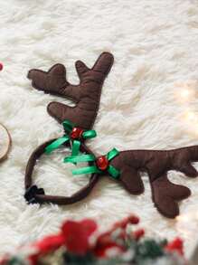 ABLAZE ZAI 1 件短毛絨布料可調整聖誕綠色蝴蝶結鹿角頭飾適合寵物節日裝扮 - 彩色 - 查看 3