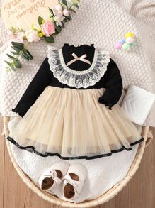 Baby Contrast Lace Bow Front Mesh Overlay Dress - Multicolor - View 3