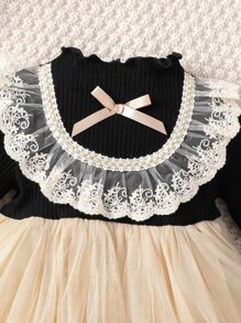 Baby Contrast Lace Bow Front Mesh Overlay Dress - Multicolor - View 4