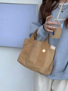 時尚耐用女式帆布午餐手提包，非常適合工作和外出用餐簡單帆布手提包，女式時尚素色手提包休閒大書包學生用 - 杏色 - 查看 6