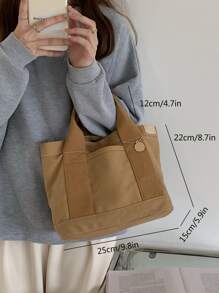 時尚耐用女式帆布午餐手提包，非常適合工作和外出用餐簡單帆布手提包，女式時尚素色手提包休閒大書包學生用 - 杏色 - 查看 7