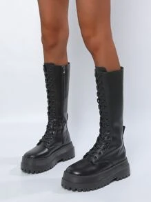 黑色單色靴子,極簡前綁帶馬丁靴 - 黑色 - 查看 3