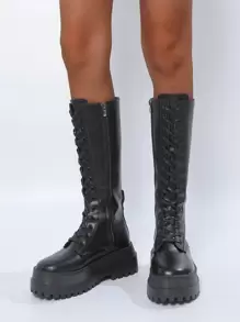 黑色單色靴子,極簡前綁帶馬丁靴 - 黑色 - 查看 5