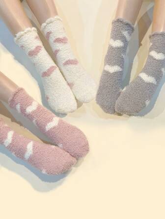 3pairs Heart Pattern Fluffy Crew Socks, Cozy