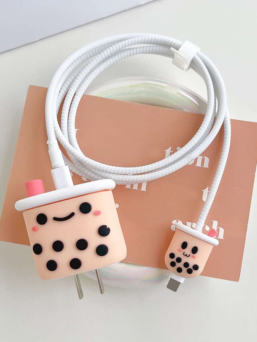 4pcs Bubble Tea Design Data Cable Protector Compatible With iPhone - Pink - View 1