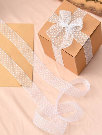 1roll Polka Dot Pattern Gift Wrapping Ribbon, White Mesh Gift Strip For Party, Christmas Valentine Day