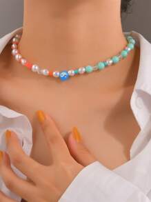 Faux Pearl Decor Beaded Necklace - Multicolor - View 2