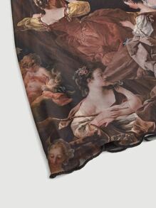 SHEIN MOD Figure Graphic Tie Front Lettuce Trim Mesh Dress - Multicolor - View 3