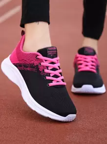 Sporty Sneakers For Women, Two Tone Letter Patch Decor Lace-up Front Running Shoes - Multicolor - View 2