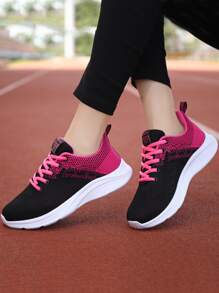 Sporty Sneakers For Women, Two Tone Letter Patch Decor Lace-up Front Running Shoes - Multicolor - View 3