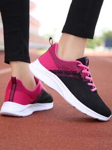 Sporty Sneakers For Women, Two Tone Letter Patch Decor Lace-up Front Running Shoes - Multicolor - View 4