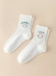 字母圖案中筒襪 - 白色 - 查看 1
