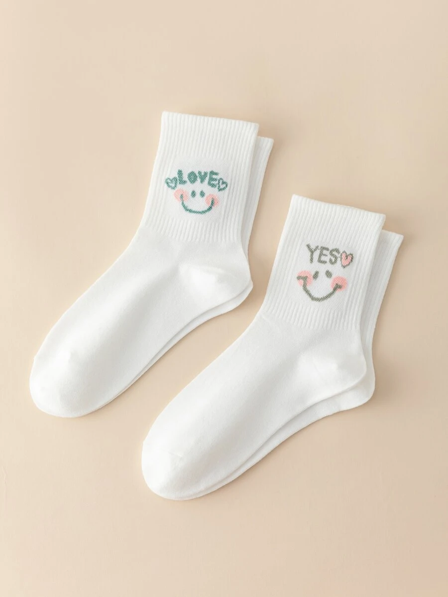 字母圖案中筒襪 - 白色 - 查看 1