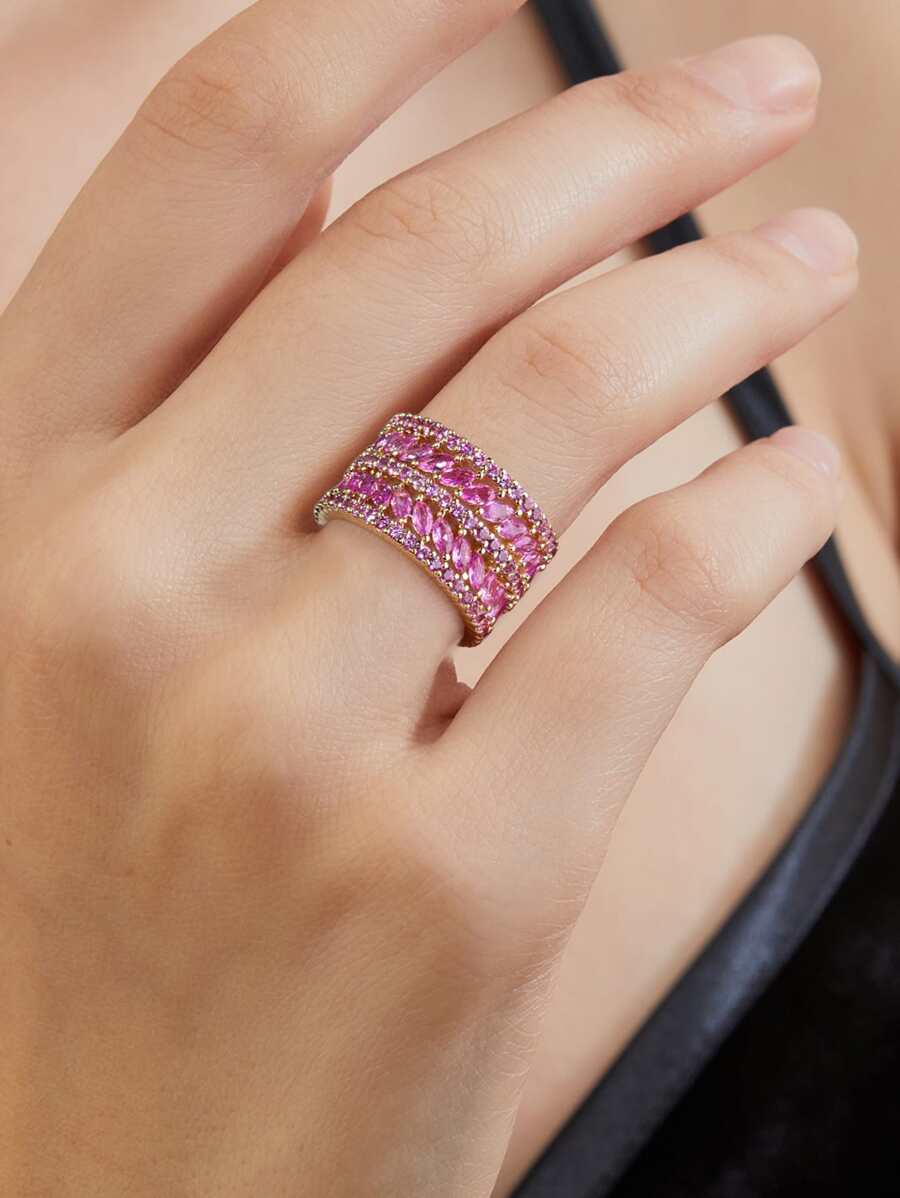 1入組時尚寬戒指帶方晶鋯石和流蘇細節 - 玫紅色 - 查看 1