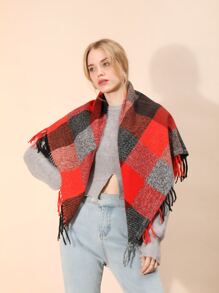 Pañuelo con patrón de cuadros ribete con fleco - Rojo - Ver 1