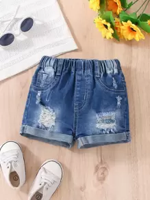 Baby Ripped Roll Up Hem Denim Shorts - Medium Wash - View 1