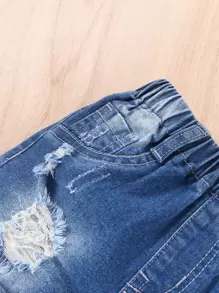 Baby Ripped Roll Up Hem Denim Shorts - Medium Wash - View 4