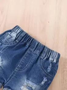 Baby Ripped Roll Up Hem Denim Shorts - Medium Wash - View 6