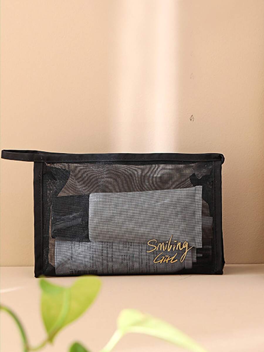 Letter Graphic Mesh Makeup Bag - Black - View 1