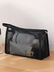Letter Graphic Mesh Makeup Bag - Black - View 2