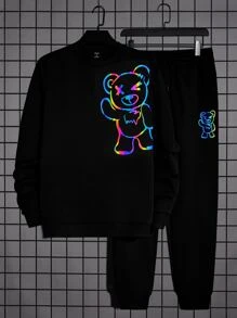 Manfinity VCAY 男士反光小熊印花套頭衫和腰部抽繩衛褲 - 黑色 - 查看 1