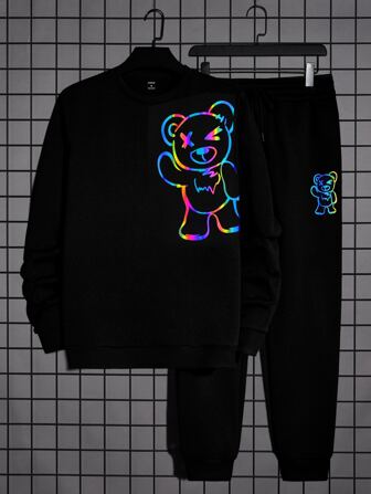 Homme Sweat-shirt réfléchissant à imprimé ours & Pantalon de survêtement à cordon