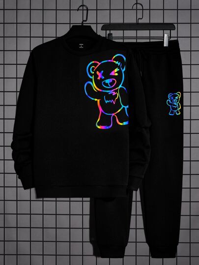 Uomo Pullover catarifrangente con stampa orso & Pantaloni sportivi con coulisse a vita