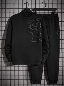 Manfinity VCAY 男士反光小熊印花套頭衫和腰部抽繩衛褲 - 黑色 - 查看 5