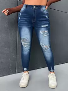 SHEIN Essnce Jeans ajustados desgarro de talle alto - Azul lavado oscuro - Ver 1
