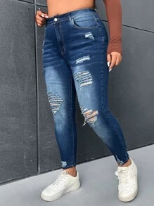 SHEIN Essnce Jeans ajustados desgarro de talle alto - Azul lavado oscuro - Ver 3