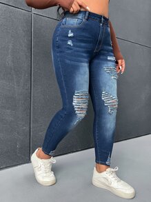 SHEIN Essnce Jeans ajustados desgarro de talle alto - Azul lavado oscuro - Ver 4