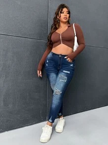 SHEIN Essnce Jeans ajustados desgarro de talle alto - Azul lavado oscuro - Ver 5