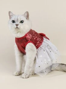 寵物衣服,貓/狗狗派對禮服適用於聖誕/情人節,帶發亮的亮片和星空網紗,漂亮蝴蝶結 - 紅白色 - 查看 2