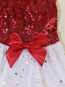 寵物衣服,貓/狗狗派對禮服適用於聖誕/情人節,帶發亮的亮片和星空網紗,漂亮蝴蝶結 - 紅白色 - 查看 5
