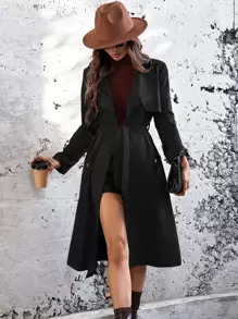 SHEIN LUNE Lapel Neck Belted Slant Pocket Coat - Black - View 1