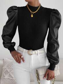 SHEIN Essnce Gigot Sleeve Mock Neck Ribbed Knit Jumper - Black - View 1