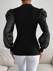 SHEIN Essnce Gigot Sleeve Mock Neck Ribbed Knit Jumper - Black - View 2