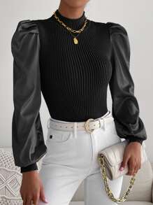 SHEIN Essnce Gigot Sleeve Mock Neck Ribbed Knit Jumper - Black - View 3