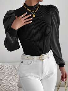 SHEIN Essnce Gigot Sleeve Mock Neck Ribbed Knit Jumper - Black - View 5