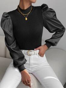 SHEIN Essnce Gigot Sleeve Mock Neck Ribbed Knit Jumper - Black - View 6