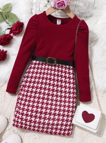 SHEIN Đầm bé gái Gân đan răng cưa Giải trí - Màu Đỏ Sâu - Xem 1