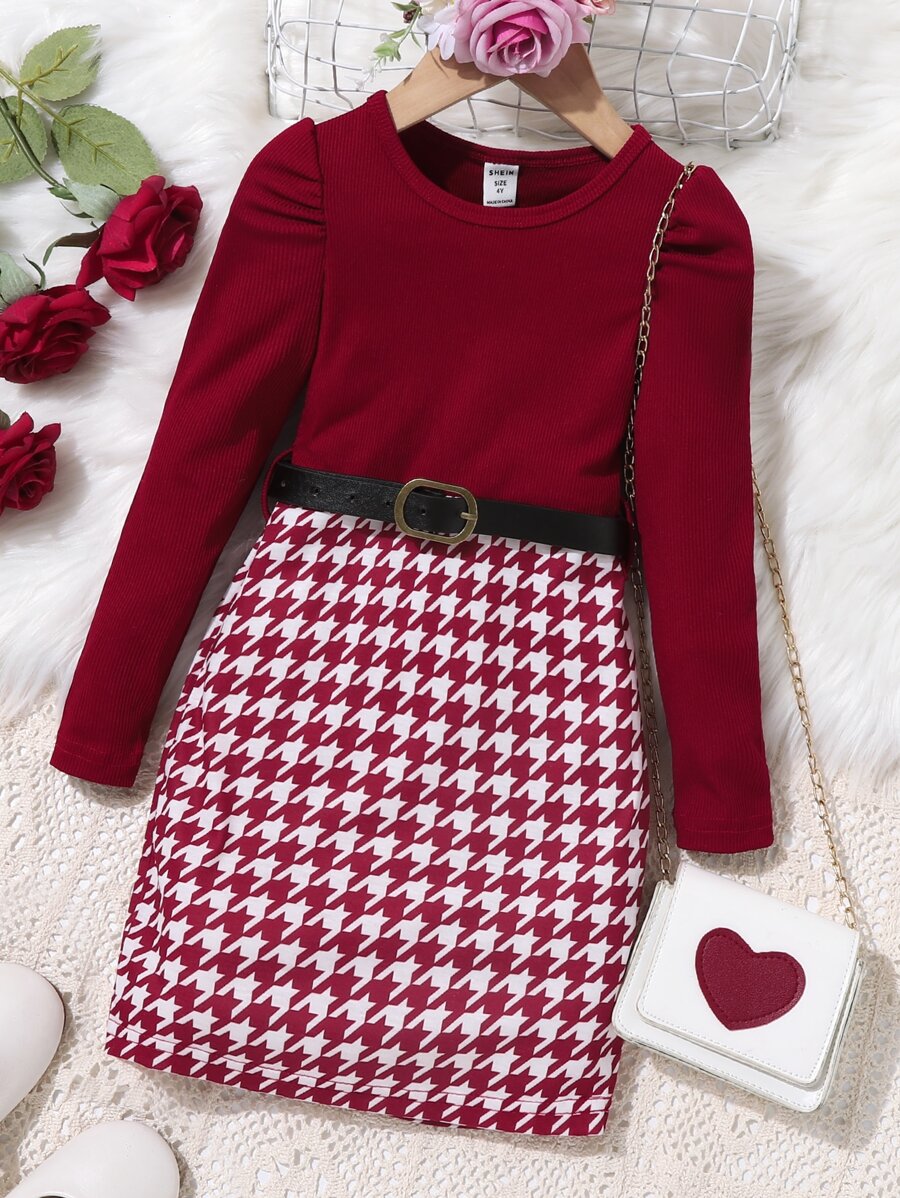 SHEIN Đầm bé gái Gân đan răng cưa Giải trí - Màu Đỏ Sâu - Xem 1