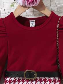 SHEIN Đầm bé gái Gân đan răng cưa Giải trí - Màu Đỏ Sâu - Xem 6