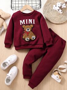 SHEIN 年輕女孩熊和信件圖形運動衫和運動褲 - 酒紅色 - 查看 1