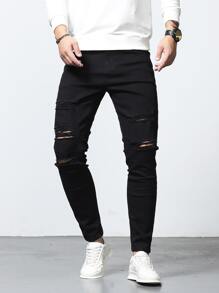 Manfinity Hombres Jeans ajustados desgarro - Negro - Ver 1