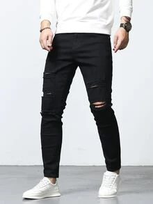 Manfinity Hombres Jeans ajustados desgarro - Negro - Ver 7