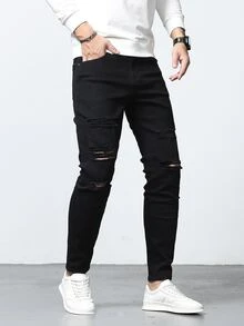 Manfinity Hombres Jeans ajustados desgarro - Negro - Ver 8